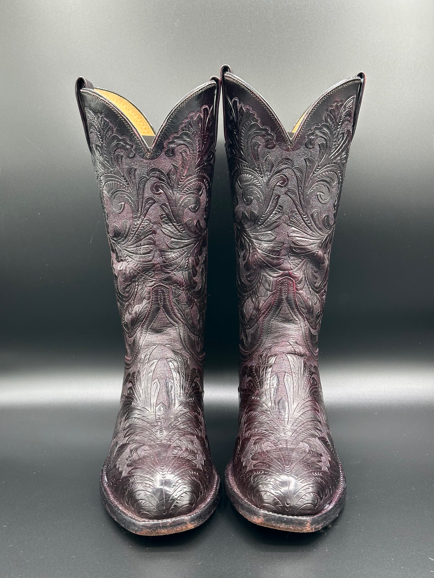 Lucchese Black Cherry Custom Hand Tooled Cowboy Boot size 7.5 D