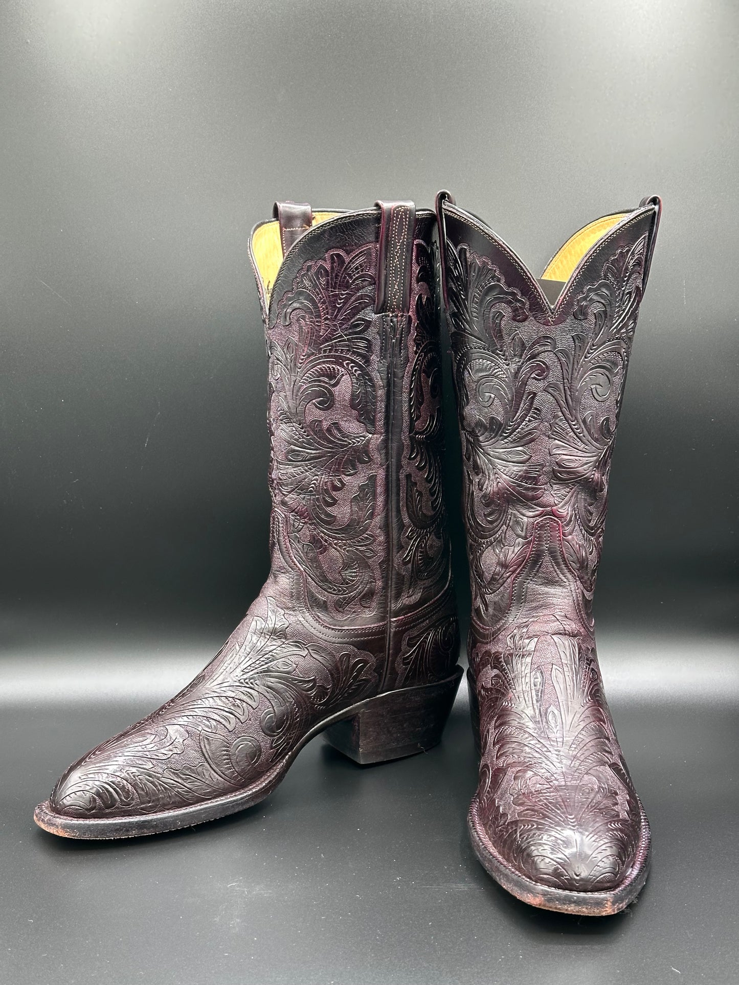 Lucchese Black Cherry Custom Hand Tooled Cowboy Boot size 7.5 D