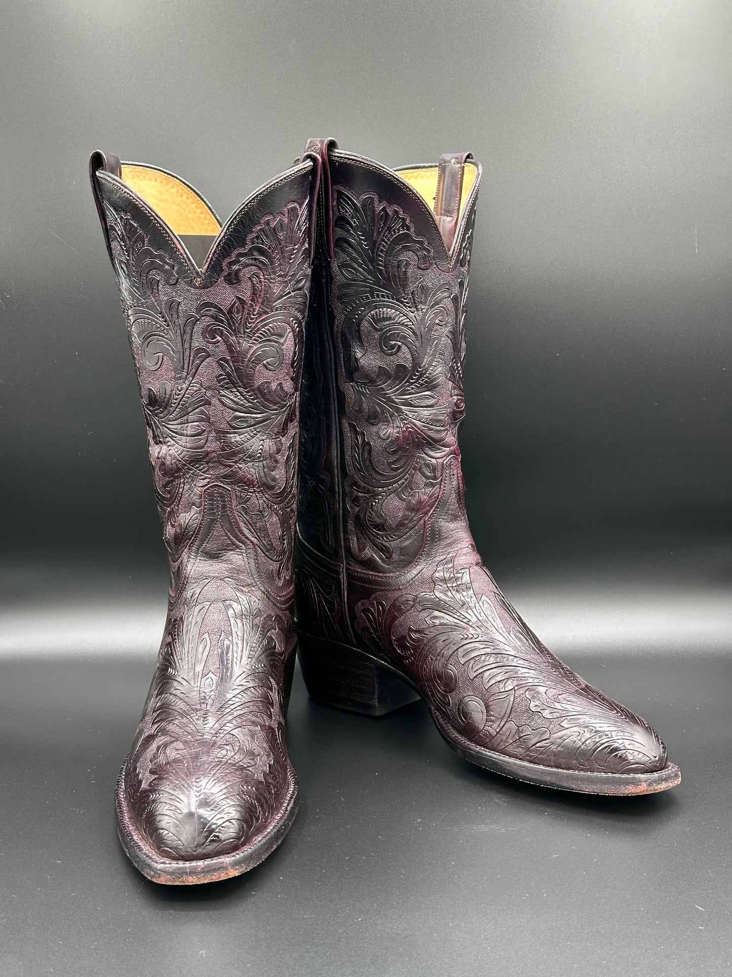 Lucchese Black Cherry Custom Hand Tooled Cowboy Boot size 7.5 D