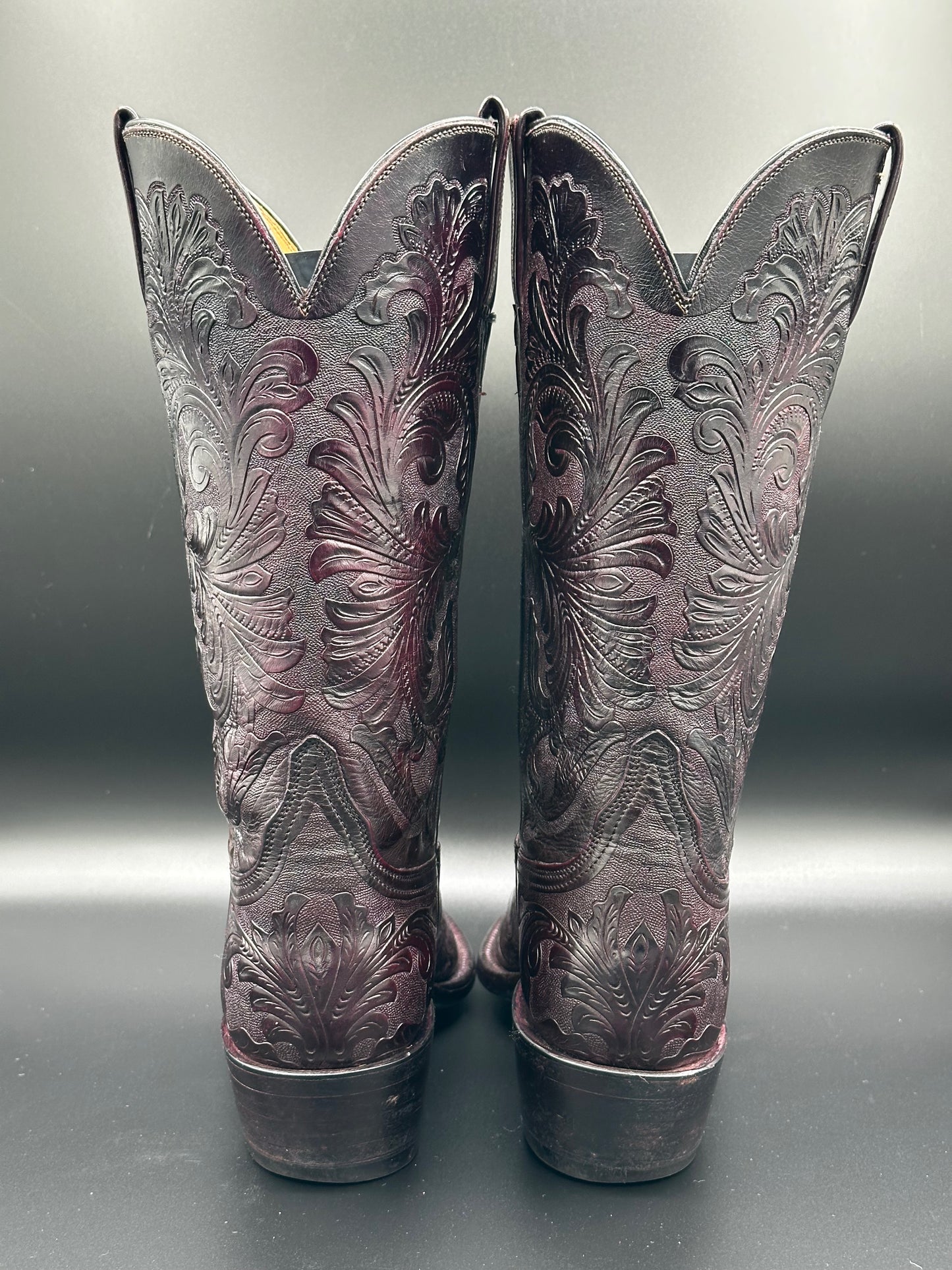 Lucchese Black Cherry Custom Hand Tooled Cowboy Boot size 7.5 D