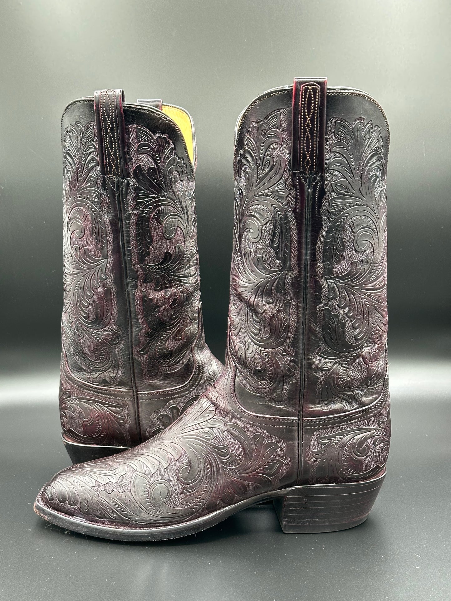 Lucchese Black Cherry Custom Hand Tooled Cowboy Boot size 7.5 D