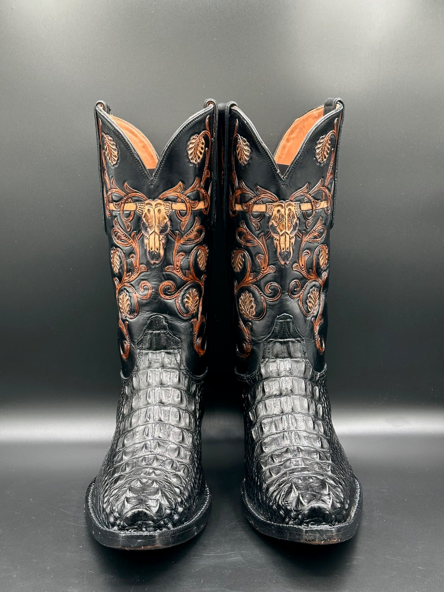 Black Jack Headcut American Alligator w/ Longhorn Hand Tooled Uppers 11.5 D