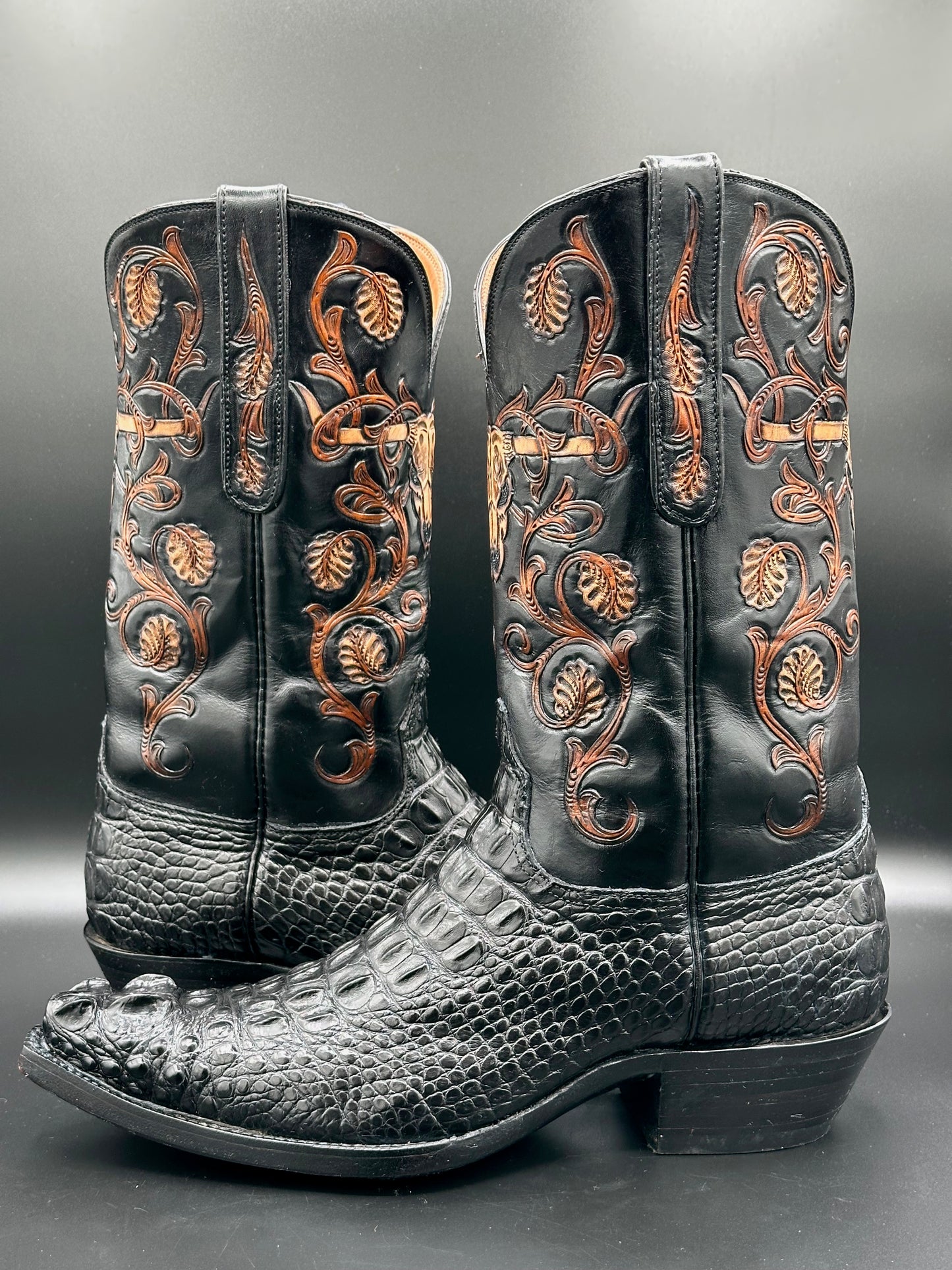 Black Jack Headcut American Alligator w/ Longhorn Hand Tooled Uppers 11.5 D