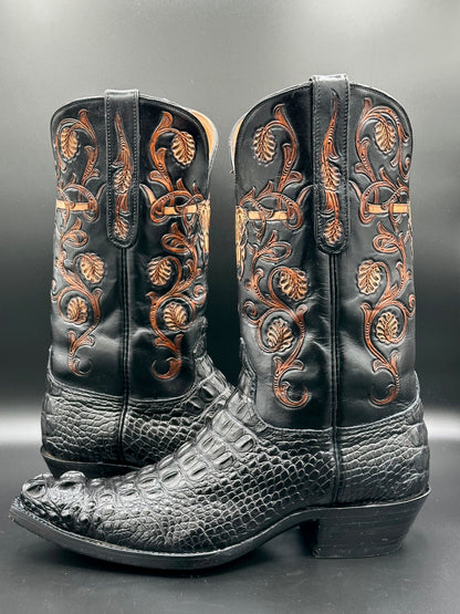 Black Jack Headcut American Alligator w/ Longhorn Hand Tooled Uppers 11.5 D