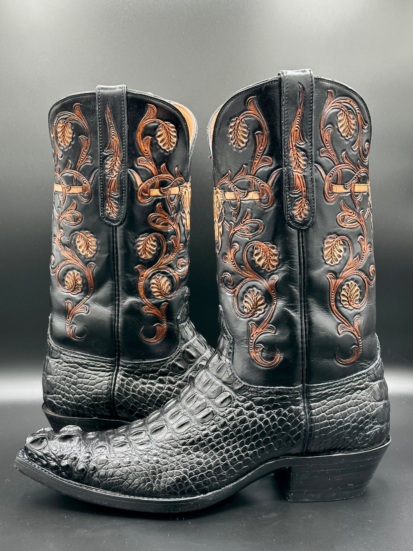 Black Jack Headcut American Alligator w/ Longhorn Hand Tooled Uppers 11.5 D