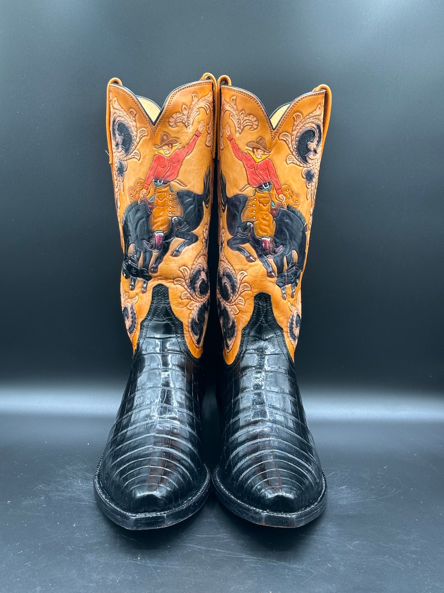 Lucchese Custom Hand Tooled Bronco Buster Caiman Belly Cowboy Boots size 8.5 D