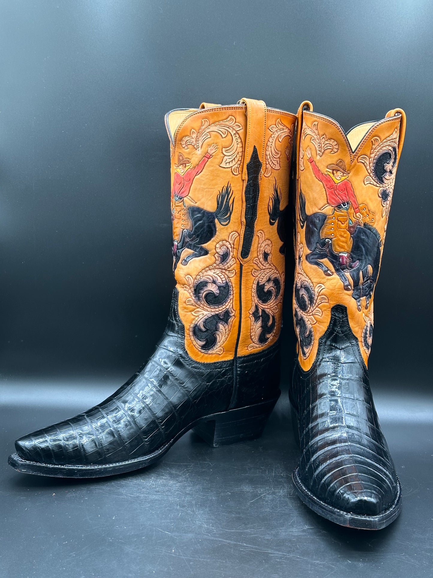 Lucchese Custom Hand Tooled Bronco Buster Caiman Belly Cowboy Boots size 8.5 D