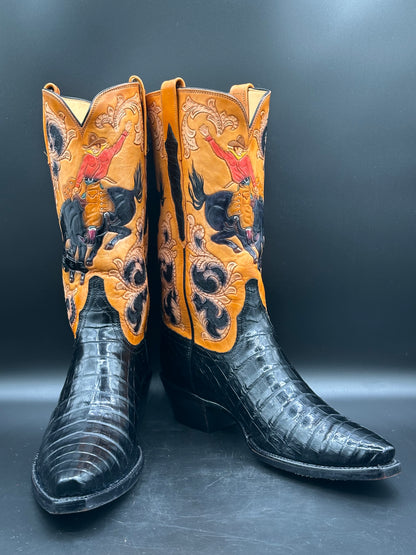 Lucchese Custom Hand Tooled Bronco Buster Caiman Belly Cowboy Boots size 8.5 D