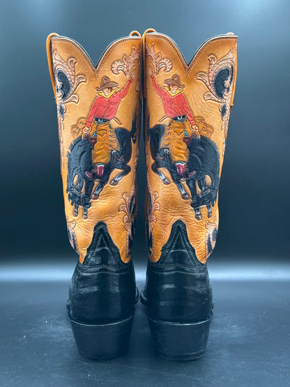 Lucchese Custom Hand Tooled Bronco Buster Caiman Belly Cowboy Boots size 8.5 D
