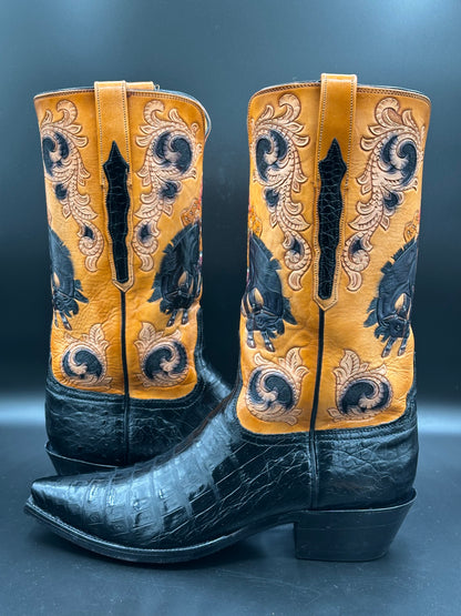 Lucchese Custom Hand Tooled Bronco Buster Caiman Belly Cowboy Boots size 8.5 D