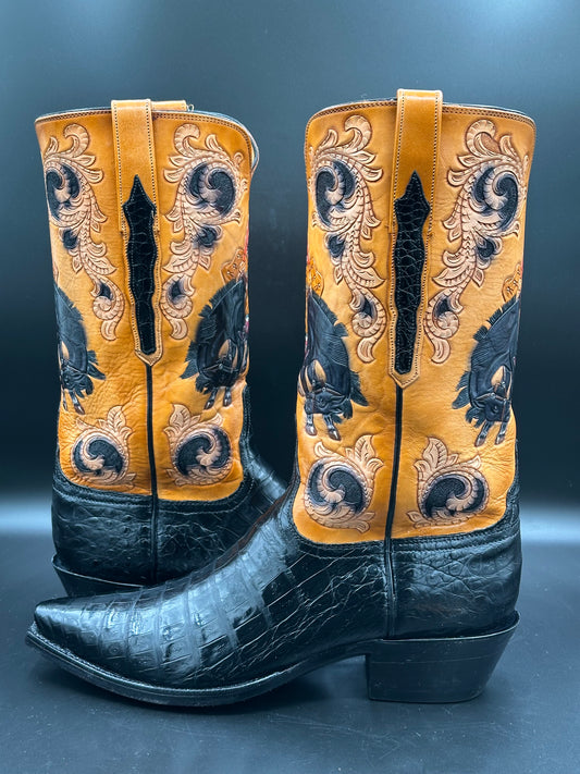 Lucchese Custom Hand Tooled Bronco Buster Caiman Belly Cowboy Boots size 8.5 D