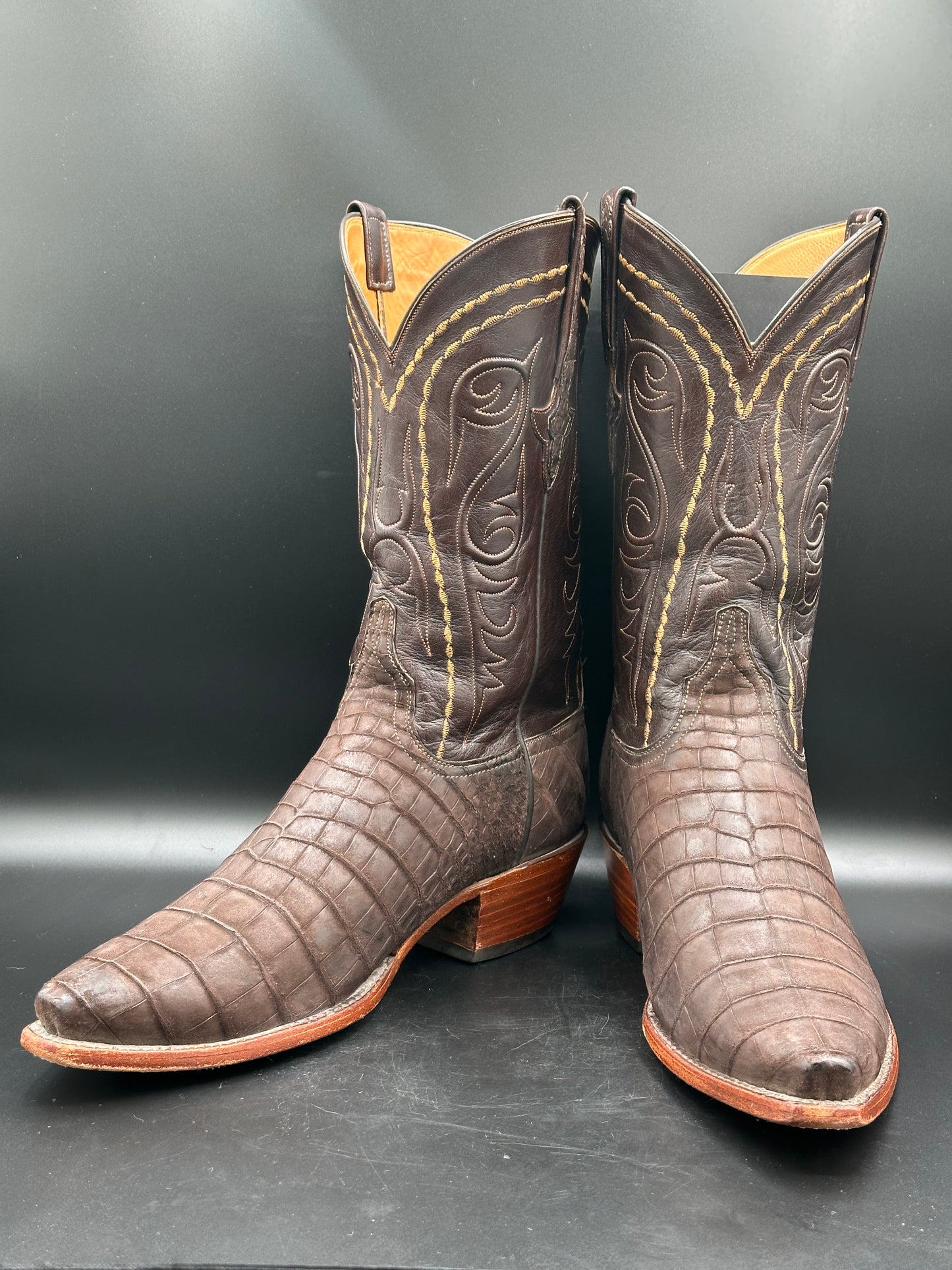 Lucchese Sueded Chocolate Caiman Belly Western Cowboy Boots SIZE 12 D