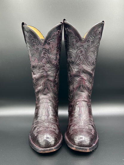 Lucchese Black Cherry Custom Hand Tooled Cowboy Boot size 7.5 D