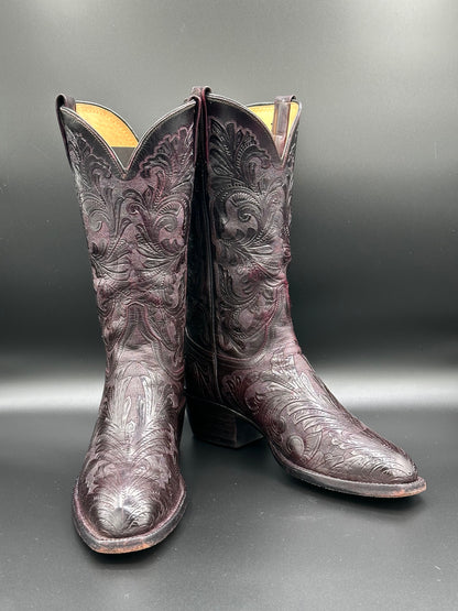 Lucchese Black Cherry Custom Hand Tooled Cowboy Boot size 7.5 D
