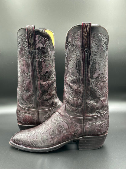 Lucchese Black Cherry Custom Hand Tooled Cowboy Boot size 7.5 D