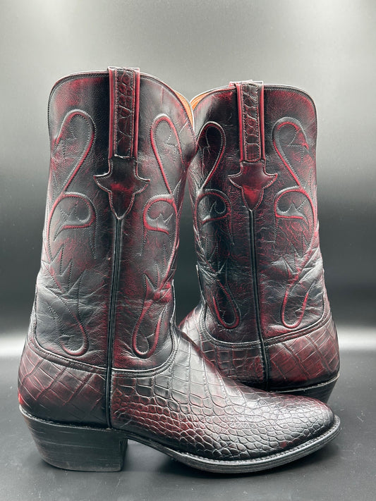 Lucchese Black Cherry Bias Cut American Alligator Cowboy Boots size 10 D